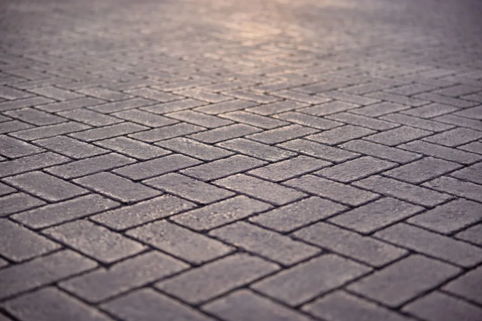 Close-up of gray herringbone concrete pavers in warm evening light